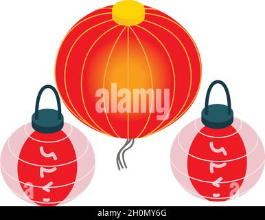 Korean lantern icon isometric vector. Red oriental paper flashlight icon. Lotus lantern festival, buddha birthday Stock Vector