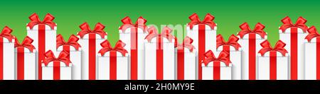 A row of white gift boxes wrapped with red ribbons, standing on a green background. Christmas holidays horizontal vector banner design. Stock Vector