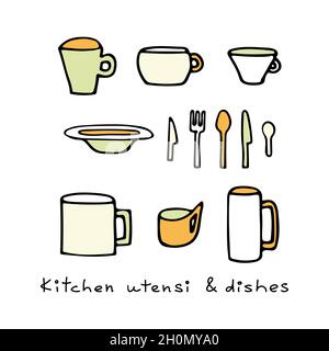 Vector illustration of cutlery and plates in doodle style. Plate, mugs, forks, knives and spoons. Lettering Kitchen utensils and dishes.  Stock Vector