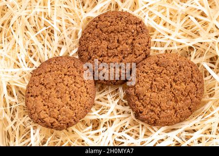 Three dark brown oatmeal cookies on wood shavings, close-up, top view. Stock Photo