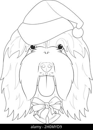 Christmas greeting card for coloring. Bearded Collie dog with Santa's hat and golden Christmas bells Stock Vector