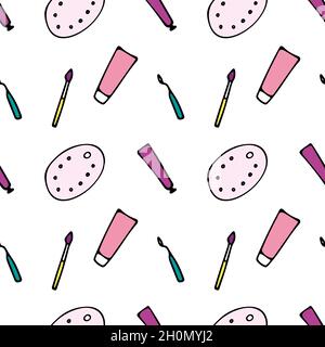 Seamless pattern with burgundy tube of paint and palette, brush and palette knife. Design. Stock Vector