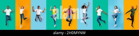 Full length of happy energy international young students jumping from success, victory Stock Photo