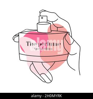 Line art perfume in hand with abstract shapes. Vector illustration. Stock Vector