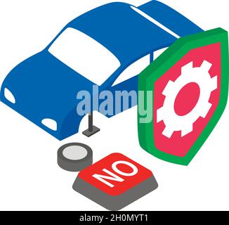 Vehicle insurance icon isometric vector. Car, jack, wheel, shield and button no. Registration car crush, insurance and protection concept Stock Vector