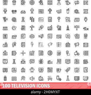 100 television icons set. Outline illustration of 100 television icons vector set isolated on white background Stock Vector