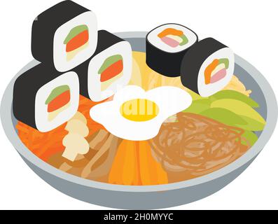 Korean cuisine icon isometric vector. Fresh bibimbap and kimbap icon. Traditional korean dish, authentic asian cuisine Stock Vector