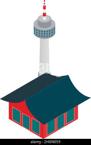 Seoul landmark icon isometric vector. Namsan tower and traditional korean house. Symbol seoul, korean architecture Stock Vector