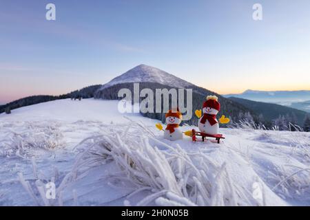 Two little snowman in hat, gloves and scarf with the sledge. Beautiful winter day. Lawn covers with snow. Landscape with high mountains. Merry christm Stock Photo