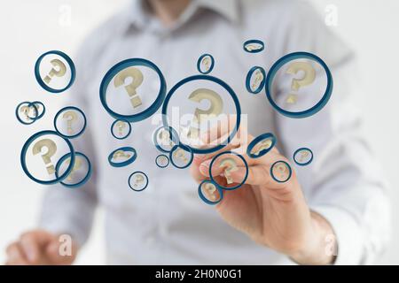 A 3D rendering of a Businessman solving a problem with digital question ...