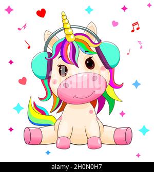 A small unicorn sits with headphones on its head, and listens to music against the background of hearts, stars and musical notes. Unicorn with a multi Stock Vector