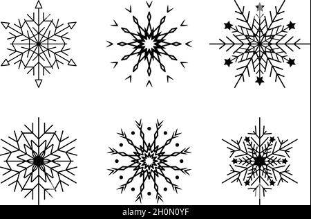 Set of simple snowflake of black lines. Festive decoration for New Year and Christmas Stock Vector