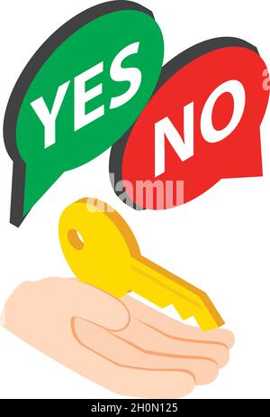 Ownership insurance icon isometric vector. Human hand holding key, message bubble. Property insurance, protection concept Stock Vector