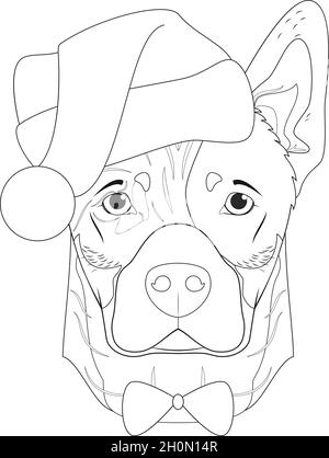 Christmas greeting card for coloring. Australian Cattle dog with Santa's hat and bow tie Stock Vector