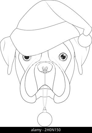 Christmas greeting card for coloring. Boxer dog with Santa's hat and Christmas toy ball Stock Vector