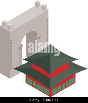 Korea landmark icon isometric vector. Gyeongbokgung palace and triumph arch icon. Traditional korean architecture, monumental structure Stock Vector