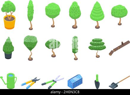 Tree trimming icons set isometric vector. Chainsaw tree. Woodcutter work Stock Vector