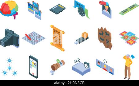 Memory icons set isometric vector. Brain alzheimer. Care disorder Stock Vector