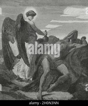 Old Testament. Elijah in the desert. Engraving after a painting by Frederic Leighton (1830-1896). La Ilustracion Española y Americana, 1881. Stock Photo