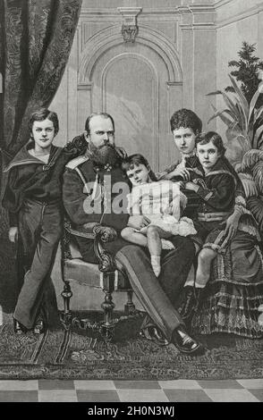 Russia. Tsar Alexander III of Russia (1845-1894) with his wife Tsarina Maria Fyodorovna Romanova (Dagmar of Denmark) (1847-1928). From left to right; Stock Photo