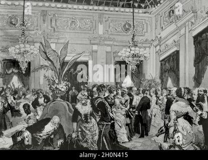 Spain, Madrid. Two-hundredth anniversary of the death of Pedro Calderon de la Barca. Reception at the Town Council. The hall of honor on the first nig Stock Photo