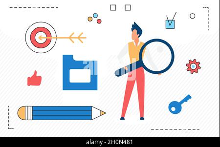 Searching for creative business idea vector illustration. Cartoon businessman holding magnifying glass to search success solution isolated on white Stock Vector
