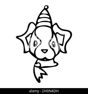 Dog head with hat and scarf in cartoon style. Vector illustration. Stock Vector