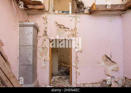 Ruined houses in Ganja city of Azerbaijan after the Armenian ballistic missile attack in October 2020. War results Stock Photo