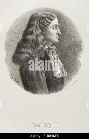 Charles II, the Bewitched (1661-1700). King of Spain. Portrait. Illustration by Salcedo. Lithography. Cronica General de España. Historia Ilustrada y Stock Photo