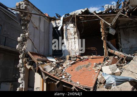 Ruined houses in Ganja city of Azerbaijan after the Armenian ballistic missile attack in October 2020. War results Stock Photo