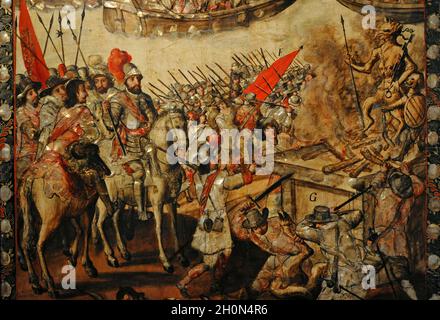 The Conquest of Mexico. Anonymous author. Table, oil, nacre. Scenes of the conquest and Hernan Cortes ordering to burn and destroy the idols.1676-1700 Stock Photo