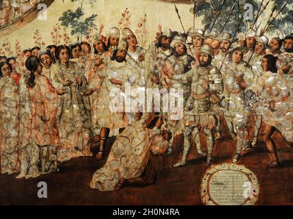 The Conquest of Mexico. Anonymous author. Table, oil, nacre.Entry of Hernan Cortes into Mexico and reception of Moctezuma. 1676-1700. Mexican School. Stock Photo