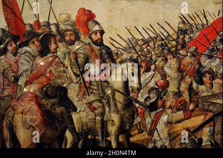 The Conquest of Mexico. Anonymous author. Table, oil, nacre. Scene of the conquest: Hernan Cortes ordering to burn and destroy the idols.1676-1700. Me Stock Photo