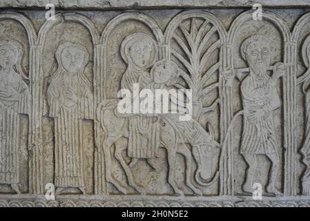 Screen slabs from the Church of St. Nediljica in Zadar, 11th century (copy). Croatia. Detail depicting the Flight into Egypt. Museum of Croatian Archa Stock Photo