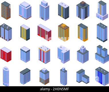 Multistory building icons set isometric vector. Interior architecture. House design Stock Vector
