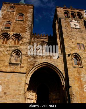 Portugal, Alentejo region, Evora. The Cathedral of Evora (Se de Evora). Declared a World Heritage Site by Unesco in 1988. Main facade. The main entran Stock Photo
