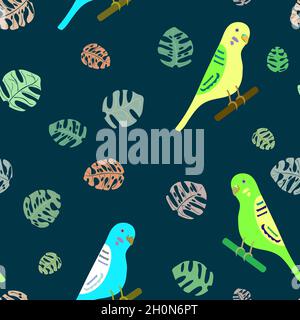 the wavy parrots and monstera leaves pattern Stock Vector