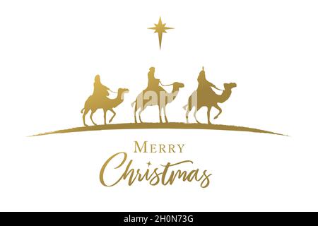 Three wise men golden silhouette, nativity scene. Merry Christmas,   three kings and star, Holy night background. Happy epiphany day vector card Stock Vector
