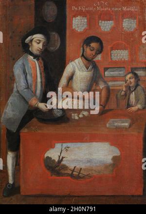Andres de Islas (painter active during the second half of the 18th century). Castas, No. 5. De español y mulata, nace morisco (From Spaniard and Mulat Stock Photo