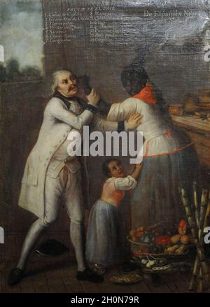 Andres de Islas (painter active during the second half of the 18th century). Castas, No. 4. De español y negra, nace mulata (From Spaniard and Black, Stock Photo