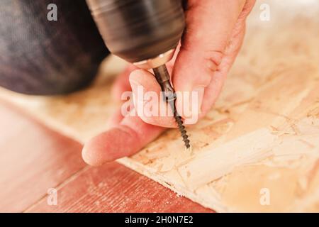 Close-up hand holds a self-tapping screw and a screwdriver Stock Photo