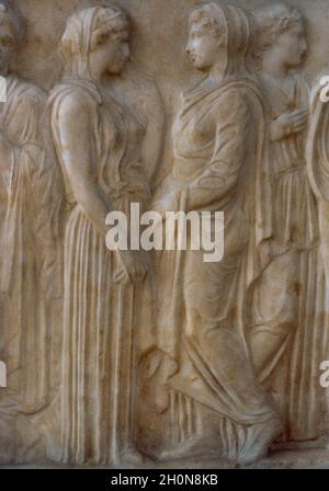 Votive relief dedicated by Xenokrateia to the river-God Kephisos. Detail. 410 BC. Pentelic marble.  From the Sanctuary of Echelidai at New Phaleron (A Stock Photo