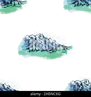 Seamless pattern of hand drawn sketch style colored mountains isolated on white background. Vector illustration. Stock Vector