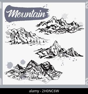 Set of hand drawn sketch style mountains isolated on white background. Vector illustration. Stock Vector