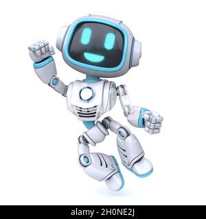 Cute blue robot happy jumping 3D rendering illustration isolated on white background Stock Photo