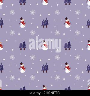 Seamless Christmas pattern with snowmen, fir and snowflakes on purple background. Bright print for New Year and winter holiday, wrapping paper, textiles and design. Stock Vector