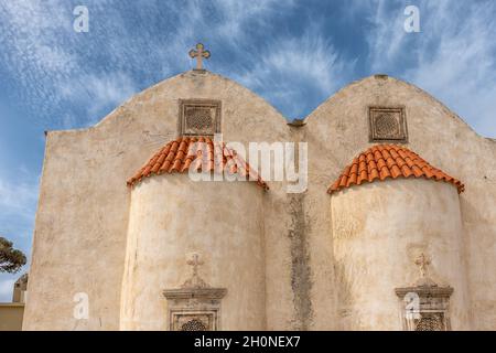 View of Preveli monastery courtyard with the church of Saint John in Greece, Crete island. Stock Photo