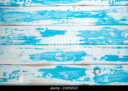 Textured blue summer wooden background. Top view. Stock Photo