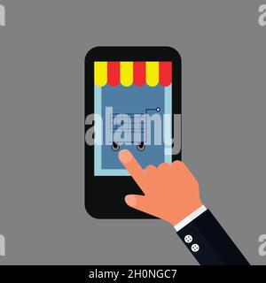 Online shopping finger pointing at smartphone flat design Stock Vector