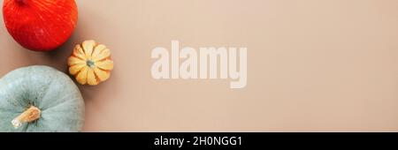 Three multi-colored pumpkins on beige background. Top view, flat lay, copy space Stock Photo